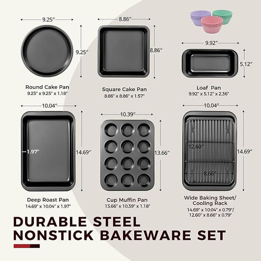 KITESSENSU Baking Pans Sets, Nonstick Bakeware Sets 19-Piece with Round/Square Cake Pan, Loaf Pan, Muffin Pan, Cookie Sheet, Roast Pan, Cooling Rack, Carbon Steel Bake Set