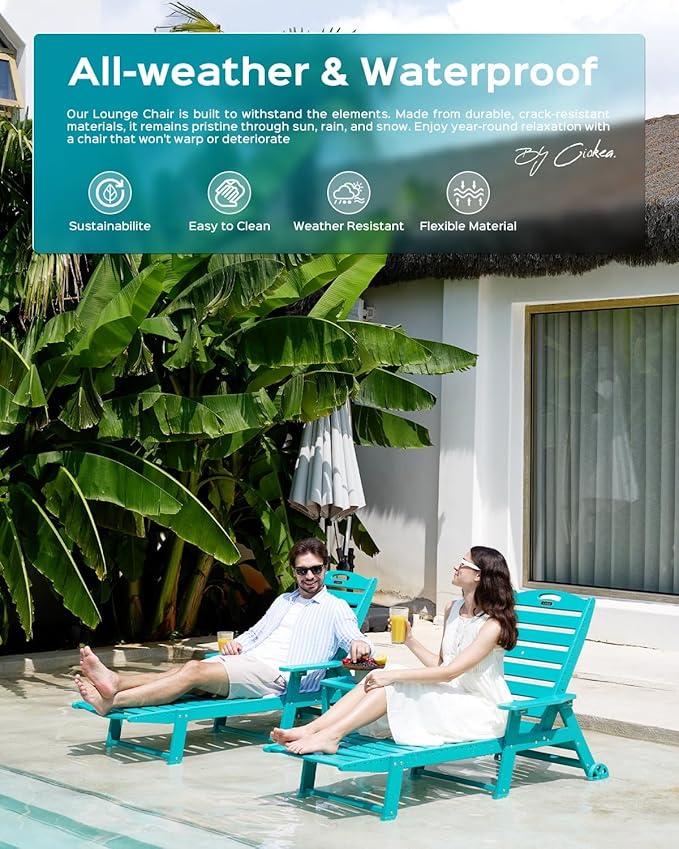 Outdoor Chaise Lounge Chair Set of 2, Patio Lounge Chairs for Outside, HDPE Lounge Chair with Wheels & Cup Holder, Poly Chair with 5 Position for Poolside, Deck, Lake Blue