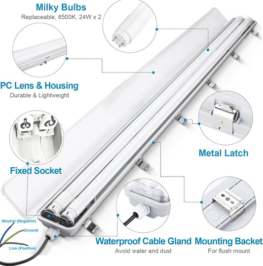 4FT Vapor Tight LED Light Fixture 4200LM 48W, 6500K Bright White IP65 Waterproof for Warehosue, Factory, Workshop, Garage, Car Wash,Indoor/Outdoor Ceiling Lights (8-Pack)