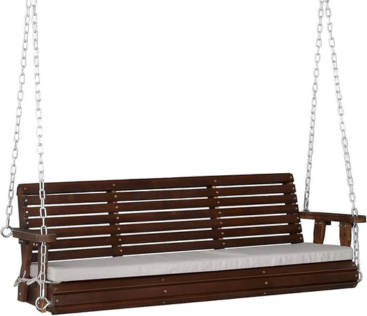 VINGLI Heavy Duty 880 LBS Patio Wooden Porch Swing Outdoor with Extra Cushion, Farmhouse Hanging Bench Tree Swing with Adjustable Chains for Yard | Garden | Lawn | Balcony (5 FT, Rustic)