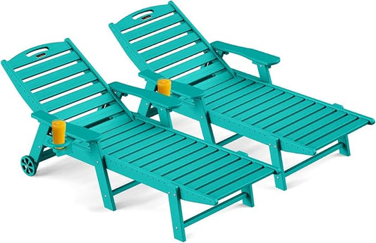 Outdoor Chaise Lounge Chair Set of 2, Patio Lounge Chairs for Outside, HDPE Lounge Chair with Wheels & Cup Holder, Poly Chair with 5 Position for Poolside, Deck, Lake Blue
