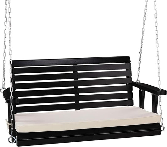 VINGLI Outdoor 4 FT Porch Swing, Heavy Duty 880 LBS Wooden Patio Swings with Cushions, Farmhouse Style Hanging Bench with Adjustable Chains for Yard | Garden | Lawn | Balcony, Black