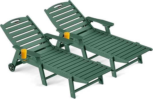 Outdoor Chaise Lounge Chair Set of 2, Patio Lounge Chairs for Outside, HDPE Lounge Chair with Wheels & Cup Holder, Poly Chair with 5 Position for Poolside, Deck, Green