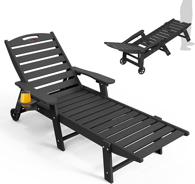 Ciokea Lounge Chair Outdoor, Oversized Chaise Lounge Chair with 5 Positions, HDPE, Patio Lounge Chair with Wheels & Cup Holder for Pool, Deck, Poolside, Black