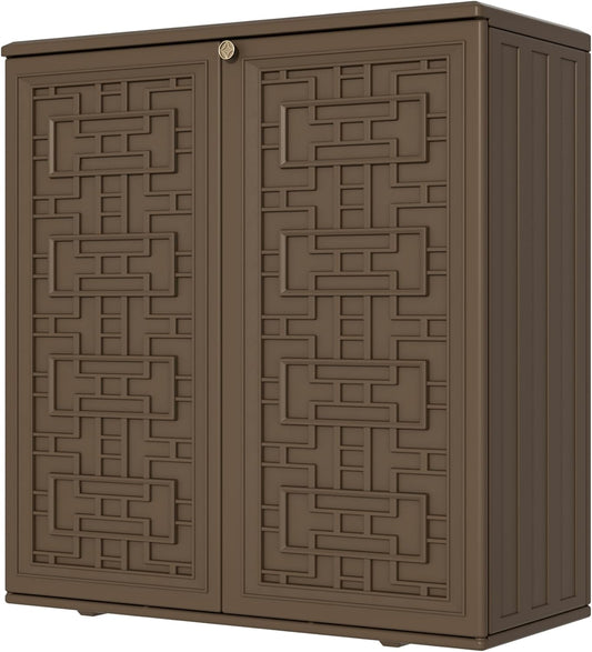 Storage Box Outdoor Caninet,Resin Indoor Storage Box Waterproof Outdoor Storage Cabinets for Patio/Garden/Backyard, Size 34.3''L*15''W*36.2''H(Brown)