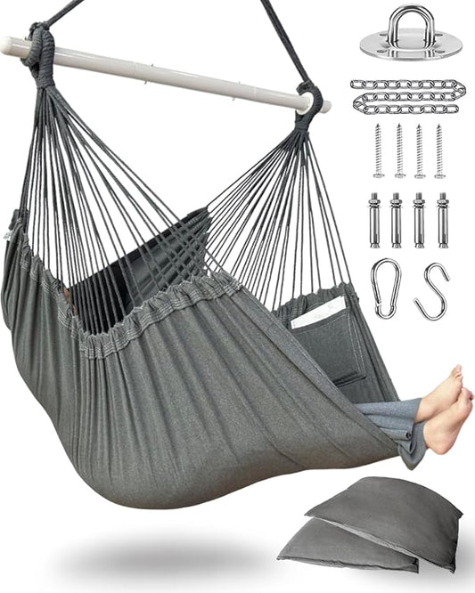 XXL Hammock Chair Hanging Rope Swing with 2 Cushions - Max 500lbs-Perfect for Patio, Porch, Bedroom, Backyard, Indoor or Outdoor - Includes Hanging Hardware Kits