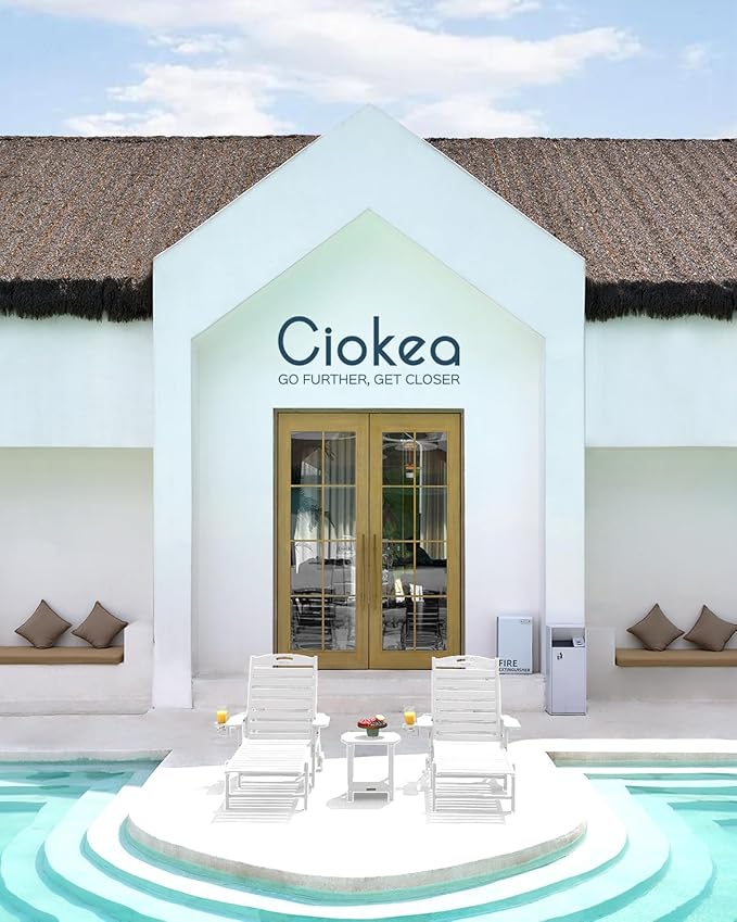 Ciokea Lounge Chair Outdoor, Oversized Chaise Lounge Chair with 5 Positions, HDPE, Patio Lounge Chair with Wheels & Cup Holder for Pool, Deck, Poolside, White