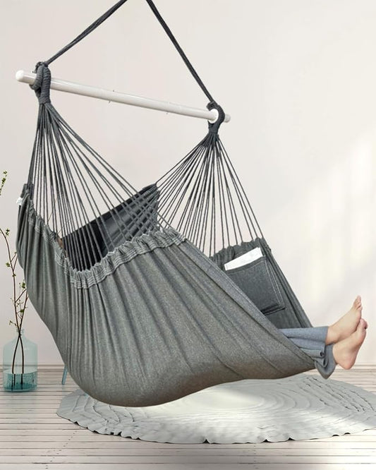 XXL Hammock Chair Hanging Rope Swing with 2 Cushions - Max 500lbs-Perfect for Patio, Porch, Bedroom, Backyard, Indoor or Outdoor - Includes Hanging Hardware Kits