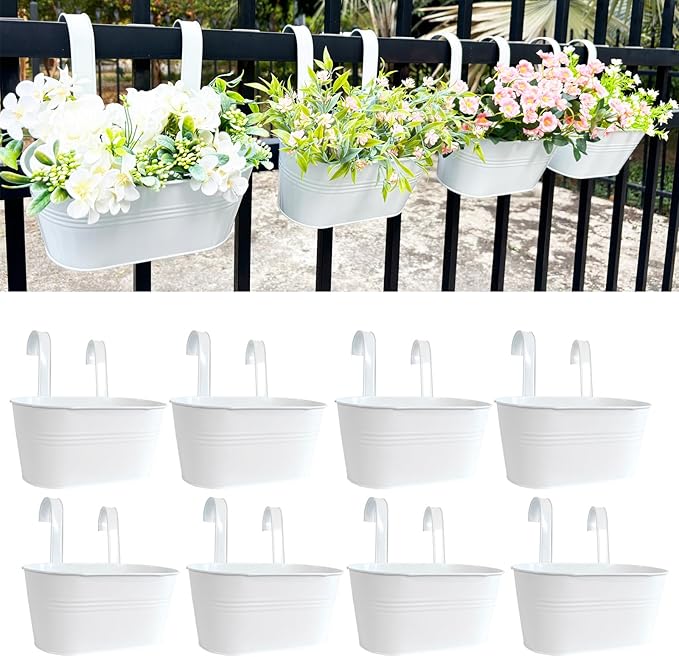 10" Hanging Flower Pots, Pack of 8 White Metal Outdoor Patio Balcony Planter, Railing Planters Fence Pot with Detachable Hook & Drainage Hole for Small Plants (White, 8Pcs)