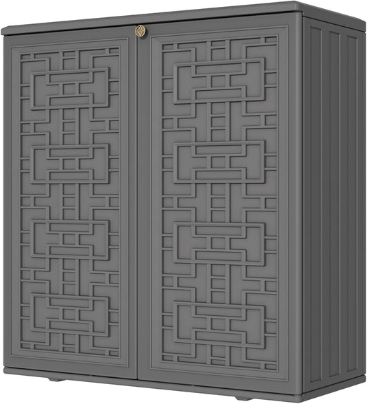 Storage Box Outdoor Caninet,Resin Indoor Storage Box Waterproof Outdoor Storage Cabinets for Patio/Garden/Backyard, Size 34.3''L*15''W*36.2''H(Grey)