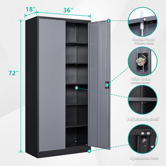SISESOL Wide & Deep Metal Storage Cabinet with Lock & 5 Adjustable Shelves,72" Gray Garage Storage Cabinet with Locking Doors,Locking Metal Cabinets for Home,Office,Shop,Garage 72x36x18