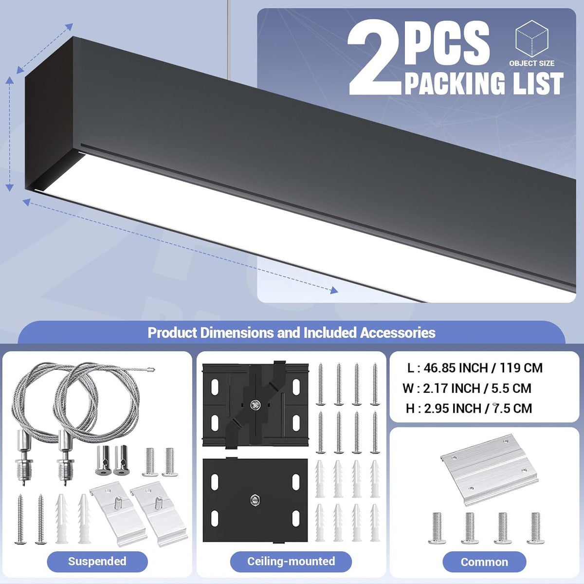 4FT LED Linear Light,50/45/40/35/30W Up and Down Light, 3000/4000/5000K CCT,Commercial and Residential Linear Lights Fixture for Office,Pendant Lights for Home,Shop,Garage,School-2Pack