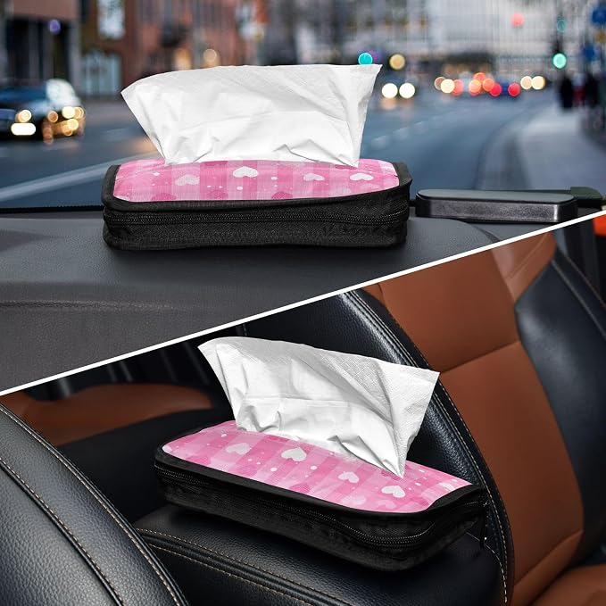 Car Visor Tissue Holder Mask Holder for Car, Car Tissue Box Sun Visor Napkin Holder Car Visor Accessories Adjustable Straps Reusable Durable Easy to Install Pink White Plaid Checkered Hearts