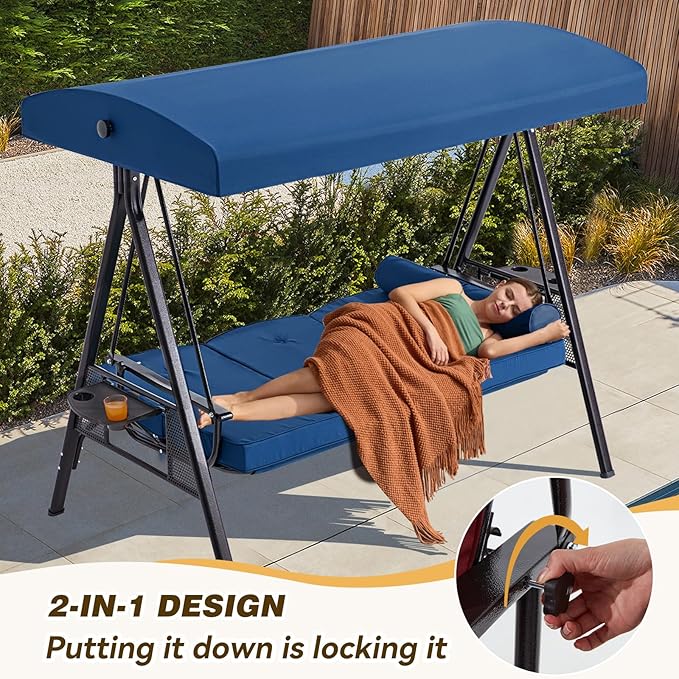 3 in 1 Outdoor Porch Swing with Adjustable Canopy, 3 Seat Outdoor Swing for Adults, Patio Swing Chair with Thickened Cushions,Pillows & Cup Holders for Backyard, Porch, Garden (Blue)