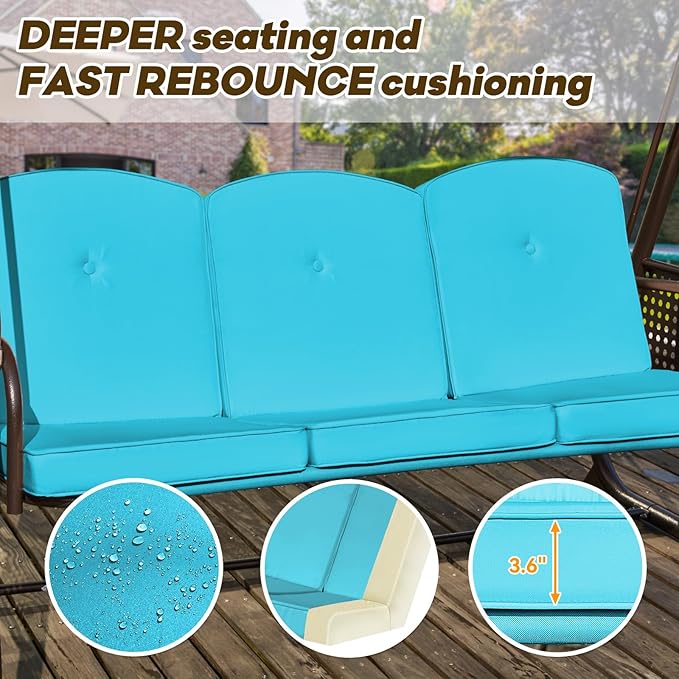 3 in 1 Outdoor Porch Swing with Adjustable Canopy, 3 Seat Outdoor Swing for Adults, Patio Swing Chair with Thickened Cushions,Pillows & Cup Holders for Backyard, Porch, Garden (Lake Blue)