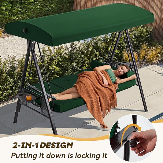 3 in 1 Outdoor Porch Swing with Canopy, 3 Seat Outdoor Swing for Adults, Patio Swing Chair with Thickened Cushions,Pillows & Cup Holders for Backyard, Porch, Garden (Green)