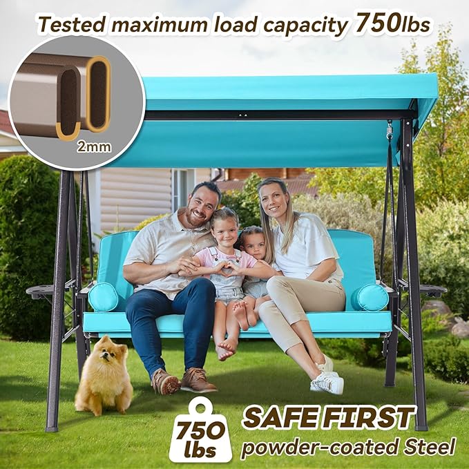 3 in 1 Outdoor Porch Swing with Adjustable Canopy, 3 Seat Outdoor Swing for Adults, Patio Swing Chair with Thickened Cushions,Pillows & Cup Holders for Backyard, Porch, Garden (Turquoise)