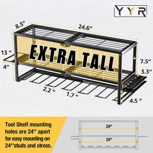 YYR Heavy Duty Power Tool Organizer Wall Mount, Cordless Drill Hanger Storage Rack, Battery Tools Holder with Charging Station Shelf for Garage Organization, Workshop, Pegboard, Shed - 24 Inch 6 Slots