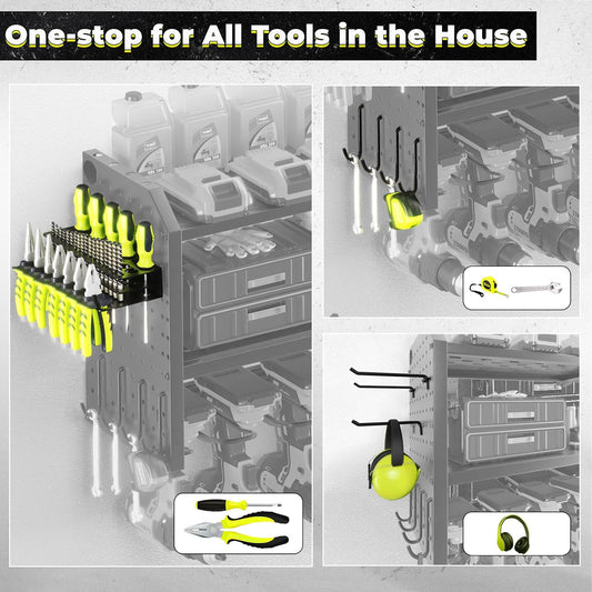 KAFAHOM Power Tool Organizer，Large 8 Drill Holder Wall Mount with 2 Side Pegboards,Metal Tool Shelf with 12 Hooks，Storage Rack for Garage Organization，Utility Cordless Drill Holder - Black