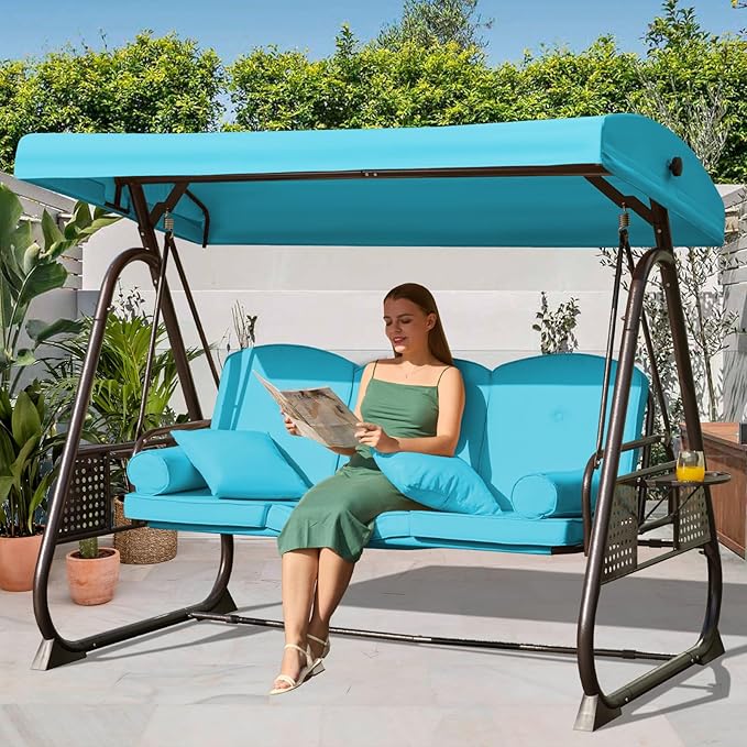 3 in 1 Outdoor Porch Swing with Adjustable Canopy, 3 Seat Outdoor Swing for Adults, Patio Swing Chair with Thickened Cushions,Pillows & Cup Holders for Backyard, Porch, Garden (Lake Blue)