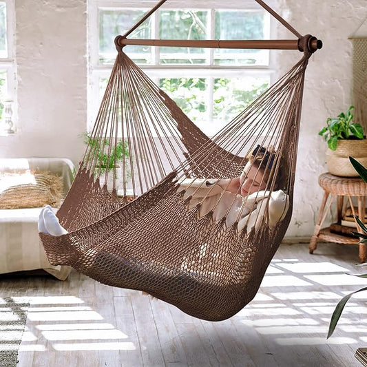 Upgraded Caribbean Hammock Chair with Detachable Metal Bar, Large Hammock Swing Chair, XL Rope Hanging Chair for Outdoor Indoor, 330 LBS Weight Capacity, SaddleBrown