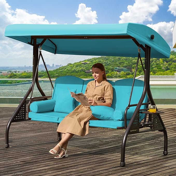 3 in 1 Patio Swing with Adjustable Canopy for Adults, 3 Seat Outdoor Swing with Thickened Cushions,Pillows & Cup Holders for Backyard, Porch, Garden (Lake Blue)