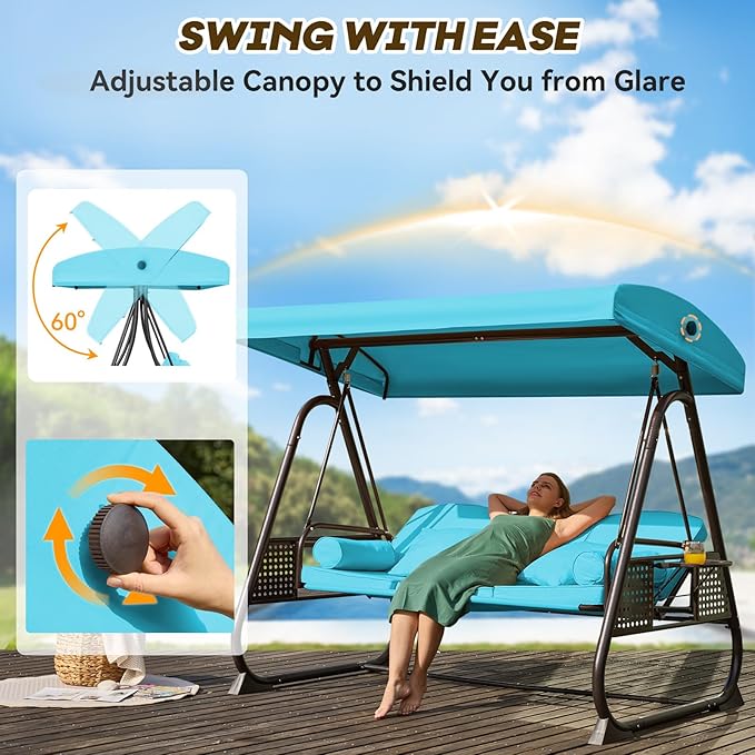 3 in 1 Outdoor Porch Swing with Adjustable Canopy, 3 Seat Outdoor Swing for Adults, Patio Swing Chair with Thickened Cushions,Pillows & Cup Holders for Backyard, Porch, Garden (Lake Blue)