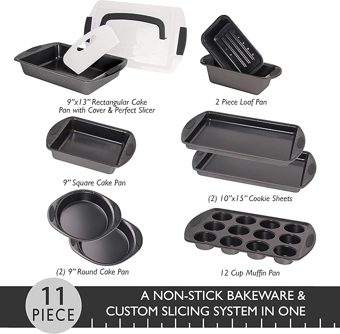 BergHOFF 11Pc Perfect Slice Bakeware Set, Covered Rectangle Cake Pan, Cookie Sheets, Muffin Pan, Loaf Pan, Round, Square and Rectangle Cake Pans, Slicer, Non Toxic, PFOA Free, Grey & Grey