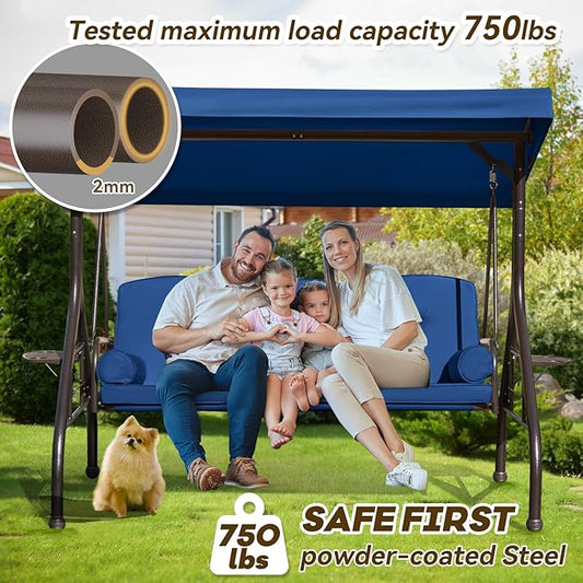 3 in 1 Outdoor Porch Swing with Adjustable Canopy, 3 Seat Outdoor Swing for Adults, Patio Swing Chair with Thickened Cushions,Pillows & Cup Holders for Backyard, Porch, Garden (Blue)