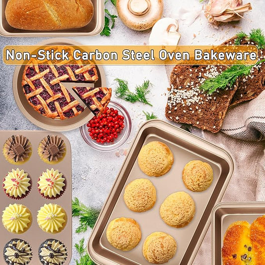 Nonstick Baking Pans Set, 5-Piece Kitchen Baking Sheets for Oven, Bakeware Sets with Round/Square Cake Pan, Muffin Pan, Loaf Pan, Roast Pan, mobzio Cookie Sheet Set Baking Supplies (Champagne Gold)